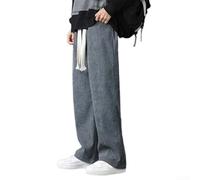 Men's Loose Straight-Leg Corduroy Pants Korean Style Wide-Leg Drawstring Trousers All-Match Solid Color Casual Full Length Trousers for Autumn Winter(XL Grey)