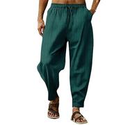 Mens Lounge Harem Pants Striped Linen Cotton Elastic Waist Drawstring Capri Pant Loose Sweatpants Trouser with Pocket Pantalones De Hombre(Green, L)