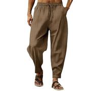 Mens Lounge Harem Pants Striped Linen Cotton Elastic Waist Drawstring Capri Pant Loose Sweatpants Trouser with Pocket Pantalones De Hombre(Brown, L)