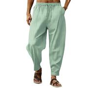 Mens Lounge Harem Pants Striped Linen Cotton Elastic Waist Drawstring Capri Pant Loose Sweatpants Trouser with Pocket Pantalones De Hombre(Mint Green, L)