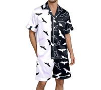 Men's Loungewear Silk Pyjamas with Horror Christmas Bat Print Sleepwear Short Sleeve Top with Lapel and Button and Short Loose Leisure Suit, O White, M