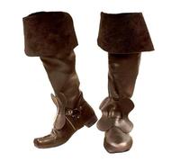 Men's Low Block Heel Medieval Boots Square Toe PU Leather Long Boots Pull on Knee High Boot with Buckle,Brown1,9.5 UK