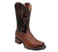 Men's Low Block Heel Platform Boots Square Toe Mid-Calf Boots with Embroidery Stitched Pull on Western Cowboy Boot,Brown,8 UK