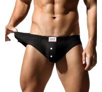 Men's Low Rise Cotton Bikini Briefs with Button Fly Seamless Ribbed Underwear U Convex Sexy Bulge Pouch Active Underpants Black M