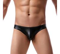Men's Low Rise Thong Underwear, Black Faux Leather Briefs, Sexy Bulge Enhancing Panties, Glossy G-String Bikini, Stretchy Wet Look Lingerie, Exotic Nightwear for Men, Erotic Clubwear