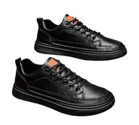 Men's Low Top Leather Casual Trainers with Chunky Sole, Lace-Up Streetwear Shoes Featuring PU Upper, Hand-Stitched Details, Cushioned Insole, Reinforced Toe Cap, Textured Rubber Outsole Black