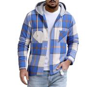 Mens Lumber-jack Check Shirt Fit Long Sleeve Jacket Hood Jacket Plaid Coat Long Sleeve Pocket Hooded Collared Sweatshirt Hoodies Quilted Thermal Checked Work Fall Winter (Blue, M)