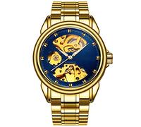Men's Luxury Automatic Mechanical Waterproof Watch for Men and Women in Stainless Steel with Skeleton Dial Waterproof, #10 (Men) Gold-Blue Face Watch, Retro