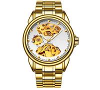 Men's Luxury Automatic Mechanical Waterproof Watch for Men and Women in Stainless Steel with Skeleton Dial Waterproof, #9 (Men's) Gold-Flour White Watch, Retro