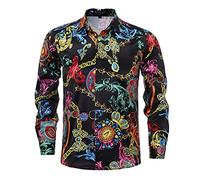 Mens Luxury Brand Printed Silk Like Satin Button Down Dress Shirt for Party Prom Long Sleeve Slim Fit Floral Nightclub Shirt, Multicolored5, XXL
