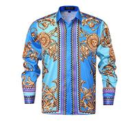 Mens Luxury Brand Printed Silk Like Satin Button Down Dress Shirt for Party Prom Long Sleeve Slim Fit Floral Nightclub Shirt, Multicolored40, 3XL