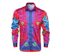 Mens Luxury Brand Printed Silk Like Satin Button Down Dress Shirt for Party Prom Long Sleeve Slim Fit Floral Nightclub Shirt, Multicolored27, 3XL