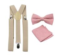 Men's Luxury Cotton Blend Pre-Tied and Adjustable Bow Tie, Pocket Square and Braces Set (Dusty Pink Bow Tie and Pocket Square & Beige Braces)