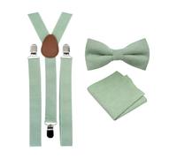 Men's Luxury Cotton Blend Pre-Tied and Adjustable Bow Tie, Pocket Square (Sage Green) and Braces Set (Eucalyptus) - suitable for formalwear, office, weddings, parties, grooms & groomsmen outfits