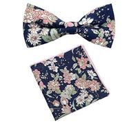 Men's Luxury Cotton Pre-tied and Fully Adjustable Bow Tie & Pocket Square Set (Blue & Pink Floral) - suitable for formalwear, office, weddings, parties, grooms & groomsmen outfits