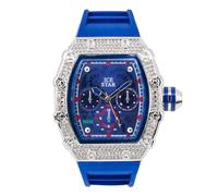 Men's Luxury Diamond Watch,Tonneau Shape Case with Chronograph Display and Full Iced Bezel,Adjustable Silicone Band Strap,Quartz Movement,14k Gold Tone, mens-standard, Quartz Movement