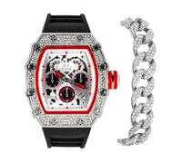 Men's Luxury Diamond Watch,Tonneau Shape Case with Chronograph Display and Full Iced Bezel,Adjustable Silicone Band Strap,Quartz Movement,14k Gold Tone, mens-standard, Quartz Movement