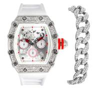 Men's Luxury Diamond Watch,Tonneau Shape Case with Chronograph Display and Full Iced Bezel,Adjustable Silicone Band Strap,Quartz Movement,14k Gold Tone, SILVER-WHITE W/ BRACELET, mens-standard
