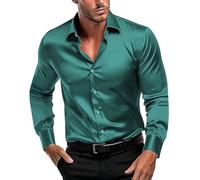 Men's Luxury Dress Shirts Long Sleeve Silk Shirt Like Satin Non Iron Shirts Casual Business Shirts Prom Performing Shirts Formal Shirts Button Down Tops Work Shirts for Party Disco Prom Green
