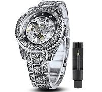 Mens Luxury Engraving Wrist Watches Unique Tattoo Pattern Carved Stainless Steel Band Luminous Automatic Skeleton Watch, Silver Black,