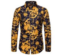 Men's Luxury Gold Paisley Printed Shiny Shirts Slim Fit Button Down Blouses Long Sleeve Dress Shirt Spring Summer Tshirt Mens Floral Printed Shirt Casual Hippie Tops