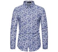 Men's Luxury Gold Paisley Printed Shiny Shirts Slim Fit Button Down Blouses Long Sleeve Dress Shirt Spring Summer Tshirt Mens Floral Printed Shirt Casual Hippie Tops