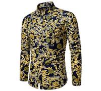 Men's Luxury Gold Paisley Printed Shiny Shirts Slim Fit Button Down Blouses Long Sleeve Dress Shirt Spring Summer Tshirt Mens Floral Printed Shirt Casual Hippie Tops