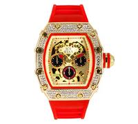 Mens Luxury Iced Diamond Watch with and 3-Chronograph Display,Tonneau Shape Bezel and Adjustable Silicone Band Strap,Quartz Movement,14k Gold, Silver, and Two-Tone Finish, GOLD-RED, mens-standard