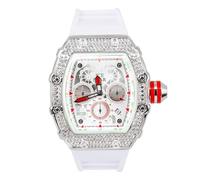 Mens Luxury Iced Diamond Watch with and 3-Chronograph Display,Tonneau Shape Bezel and Adjustable Silicone Band Strap,Quartz Movement,14k Gold, Silver, and Two-Tone Finish, SILVER-WHITE, mens-standard