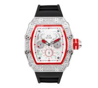 Mens Luxury Iced Diamond Watch with and 3-Chronograph Display,Tonneau Shape Bezel and Adjustable Silicone Band Strap,Quartz Movement,14k Gold, Silver, and Two-Tone Finish, SILVER-BLACK, mens-standard
