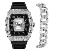 Mens Luxury Iced Watch with Simulated Crystals,Tonneau Shape Bezel and Adjustable Silicone Band Strap,Bling-ed Out Diamond Watch,Quartz Movement,14k Gold, Silver,BLACK W/ BRACELET, mens-standard