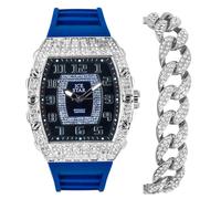 Mens Luxury Iced Watch with Simulated Crystals,Tonneau Shape Bezel and Adjustable Silicone Band Strap,Bling-ed Out Diamond Watch,Quartz Movement,14k Gold, Silver, mens-standard, Iced Out