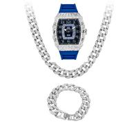 Mens Luxury Iced Watch with Simulated Crystals,Tonneau Shape Bezel and Adjustable Silicone Band Strap,Bling-ed Out Diamond Watch,Quartz Movement,14k Gold, Silver, SILVER 3PC SET, Hip Hop