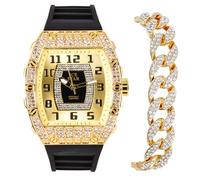 Mens Luxury Iced Watch with Simulated Crystals,Tonneau Shape Bezel and Adjustable Silicone Band Strap,Bling-ed Out Diamond Watch,Quartz Movement,14k Gold, Silver,BLACK W/ BRACELET, mens-standard