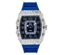 Mens Luxury Iced Watch with Simulated Crystals,Tonneau Shape Bezel and Adjustable Silicone Band Strap,Bling-ed Out Diamond Watch,Quartz Movement,14k Gold, Silver, Gun Black Finish,BLUE, mens-standard