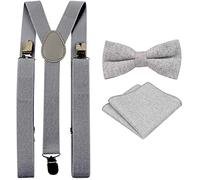 Men's Luxury Wool Pre-Tied and Adjustable Bow Tie & Pocket Square with Slate Grey Braces Set (Light Grey Herringbone) - suitable for formalwear, office, weddings, parties, grooms & groomsmen outfits