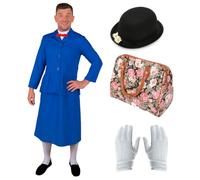 Men's Magical Nanny Stag Costume - Includes Blue Dress, Daisy Bowler Hat, White Gloves & Floral Bag - Funny Fancy Dress Outfit for Stag Dos & 90s Parties - Small Mens