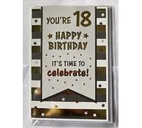 Mens Male Age 18 18th Eighteen Eighteenth You're 18 Happy Birthday It's Time To Celebrate! Birthday Card Cream/Gold/Grey Words/Stripes/Stars Foil Detail(NC-VA129)