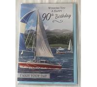 Mens Male Age 90 90th Ninety Ninetieth Wishing You A Happy 90th Birthday Enjoy Your Day Birthday Card White/Red/Blue Yacht Foil Detail(PH48396)