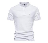 Mens Mandarin Collar Polo Shirts Short Sleeve Grandad Casual Tops Solid Basic T-Shirts Smart Plain Everyday Workwear White XL