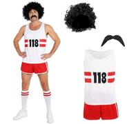 Mens Marathon Man Costume - Medium - White Vest with 118 Print, Red Shorts, Curly Black Wig, Fake Moustache - Adults Fun Run Novelty Charity Fancy Dress Costume