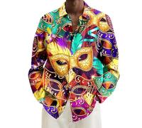 Mens Mardi Gras Shirt Long Sleeve Button Down Shirts for Men, Colorful Glitter Casual V Neck Button Up Shirt Men with Pocket Vacation Tees Outfit Men's Muscle Fit Dress Shirts WrinkleFree Tees