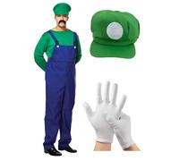 Mens Mario Workman Fancy Dress Outfit Villain Plumber Overalls Video Game Character - Costume, Hat With Logo & Short White Gloves (Luigi Costume, Hat & Gloves (Green))