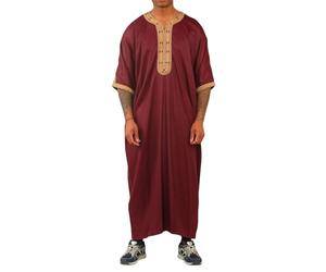 Men's Marron Moroccan Thobe Short Sleeve Gandoura Gold Embroidery Kaftan - Maroon Gold 62