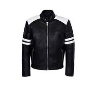 Men's MAYHEM Black With White Stripe Biker Style Fight Club Leather Jacket (Large)