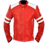 Mens MAYHEM Fight Hybrid Brad Retro Biker White Stripes Red White Inspired Fight Club Movie Tops Leather Motorcycle Jacket, Red Mayhem Jacket, XL