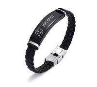Men's Medical Alert Bracelet Engraved Blood Thinner Allergy Diabetic | Stainless Steel Leather Strap Medical ID Bracelets, Personalised SOS Emergency Life Awareness Bracelet, Adjustable