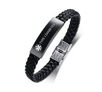 Men's Medical Alert Bracelet Engraved Blood Thinner Allergy Diabetic | Stainless Steel Leather Strap Medical ID Bracelets, Personalised SOS Emergency Life Awareness Bracelet, Adjustable