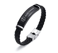 Men's Medical Alert Bracelet Engraved Blood Thinner Allergy Diabetic | Stainless Steel Leather Strap Medical ID Bracelets, Personalised SOS Emergency Life Awareness Bracelet, Adjustable