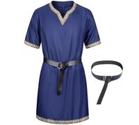 Mens Medieval Costume Viking Pirate Tunic Knight Warrior Renaissance Shirts with Belt, Blue, S